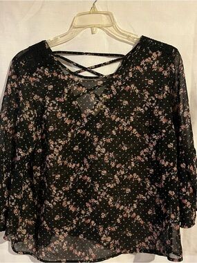 Rewind Black Floral Crisscross Front Blouse